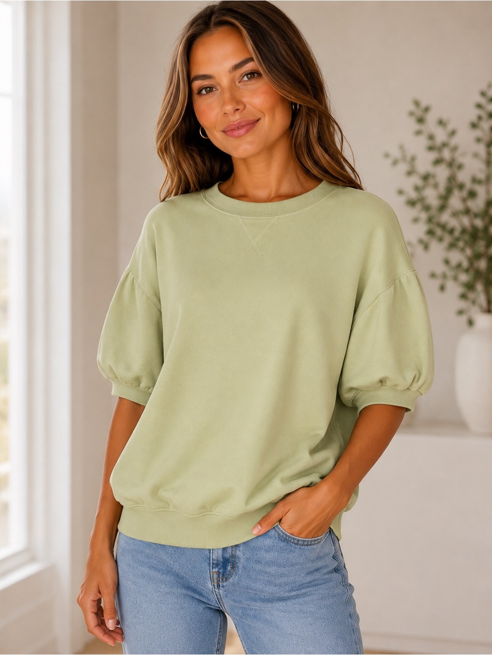 New with Tag! Anthropologie Pilcro Light Green Puff Sleeve Sweatshirt Top sz L